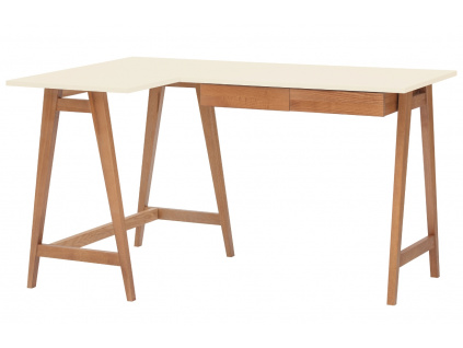 Krémově bílý lakovaný rohový pracovní stůl RAGABA LUKA 135 x 85 cm s dubovou podnoží, levý roh