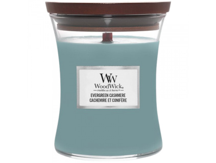 Střední vonná svíčka WoodWick Evergreen Cashmere