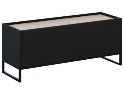 Černý lakovaný TV stolek Windsor & Co Helene 120 x 40 cm s dubovým dekorem