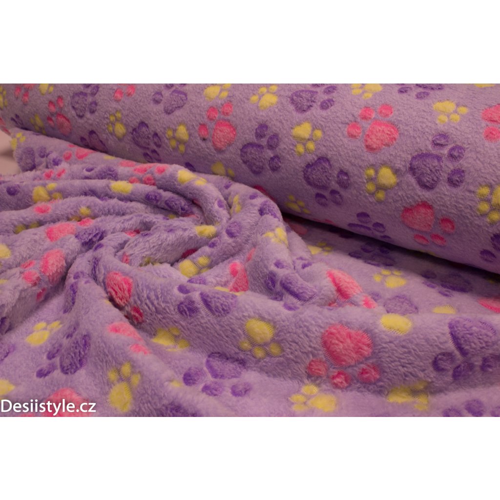 Flannel fleece tisk - Tlapky - fialové/růžové/žluté na fialové