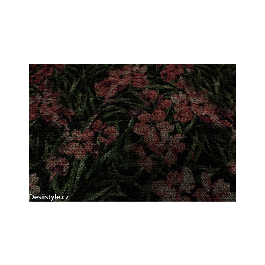 Módní svetrovina vzorovaná -  Růžové květy - černý podklad