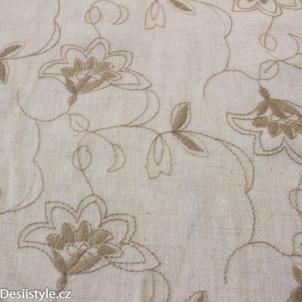 Lněné plátno vzor - Vyšívané kapučíno květy