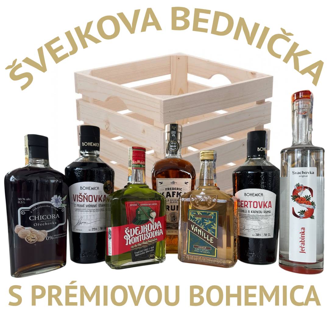 Bedna císaře pána 7 lahví a prémiová Višňovka BOHEMICA