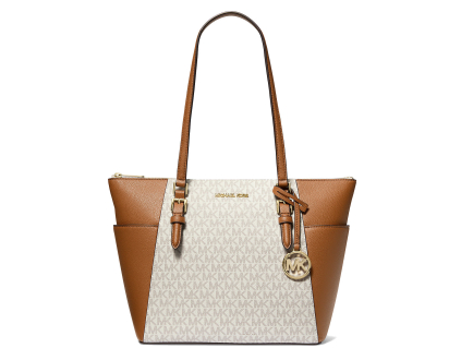 Michael Kors Charlotte Large Logo and Leather Top Zip Tote Bag Vanilla