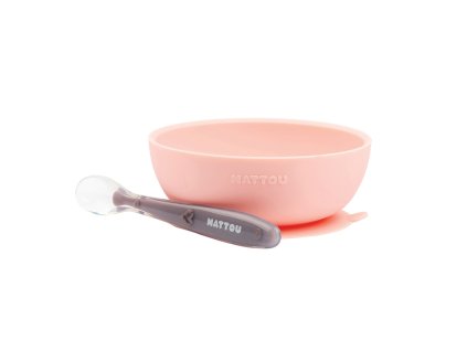 NATTOU Set jídelní silikonový 2 ks miska a lžička růžový bez BPA