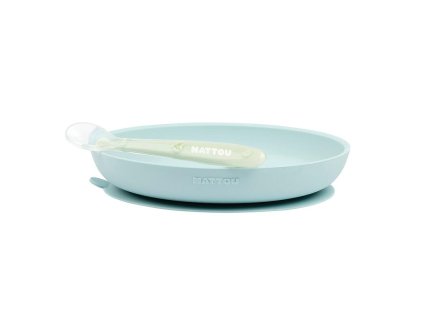 NATTOU Set jídelní silikonový 2 ks talíř a lžička mint bez BPA