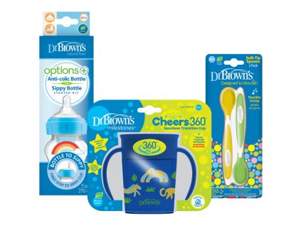 DR.BROWN'S Set láhev WN 2v1 modrá + Hrnek Cheers Jungle 200ml + Lžičky s měkkým koncem