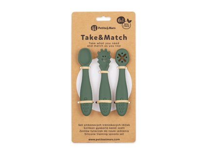 PETITE&MARS Set 3 ks silikonových tréninkových lžiček Take&Match  Misty Green 6m+