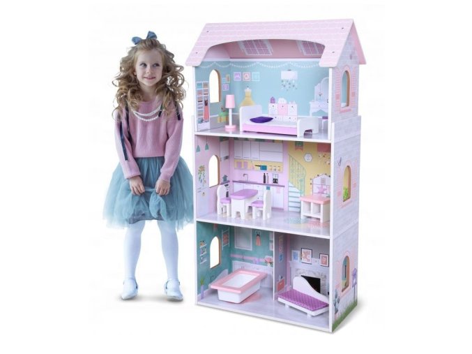 Ecotoys drevený trojposchodový domček pre bábiky Jahodová