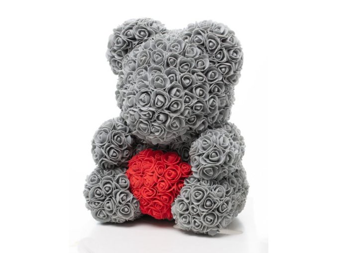 Medvedík z ruží sivý s červeným srdcom Rose Bear 40 cm