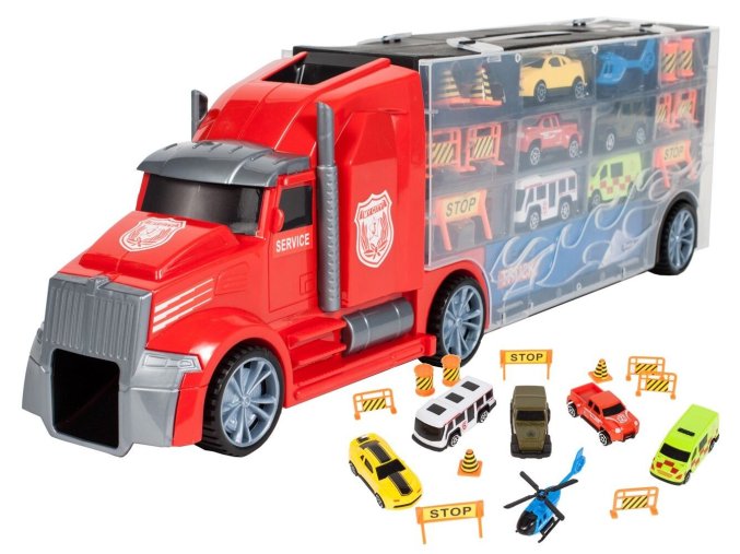 nakladni auto s auticky a helikopterou Red Truck