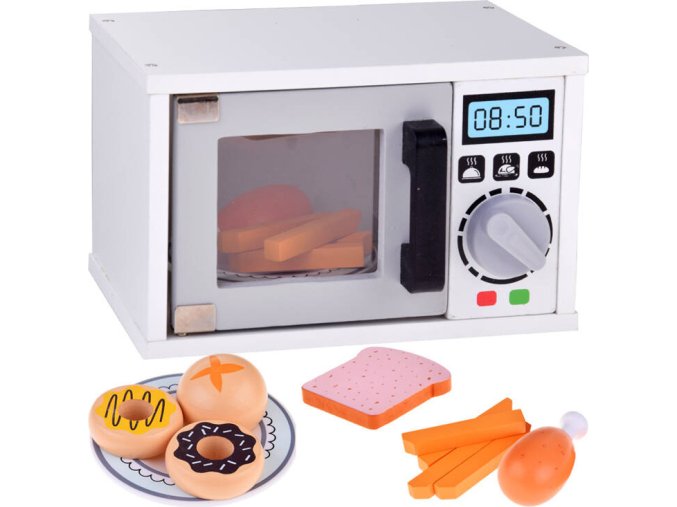 Dřevěná mikrovlnná trouba, kuchyňské vybavení a potraviny