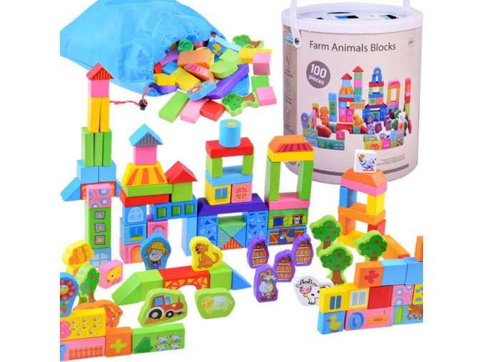 Barevná dřevěná farma kostky 100ks