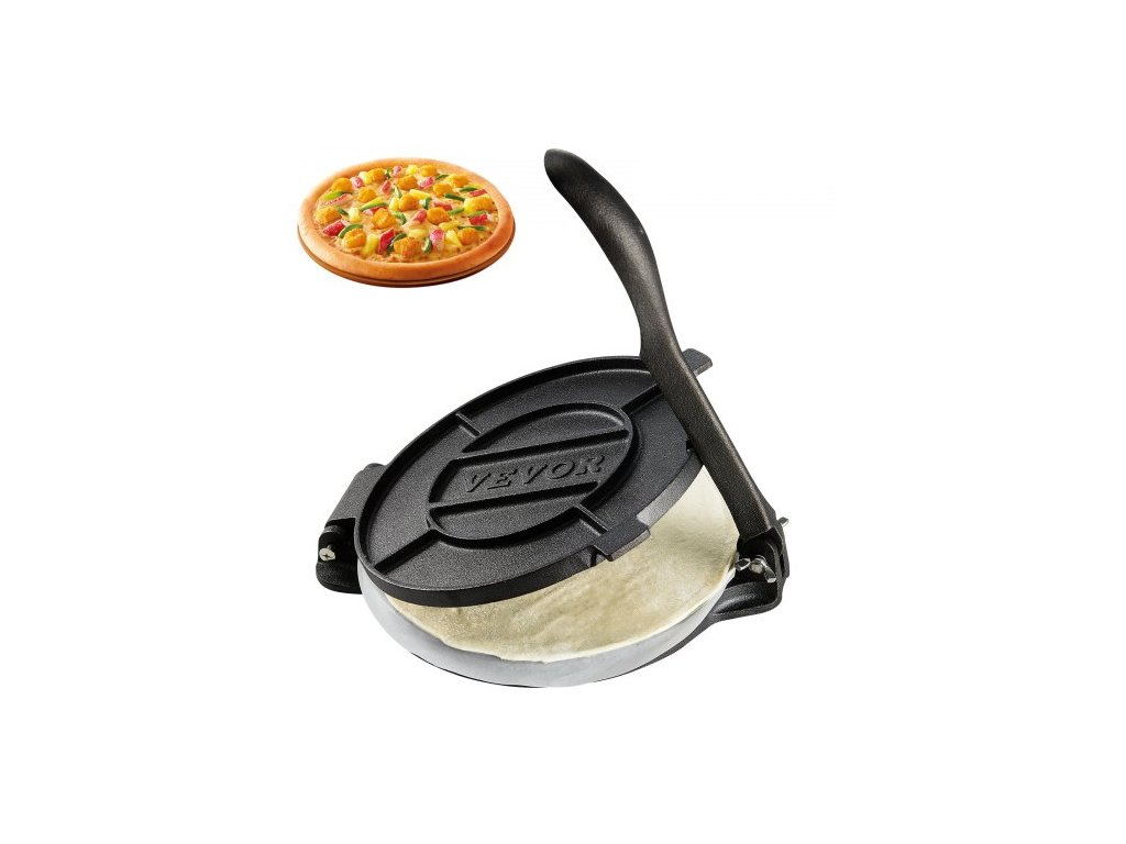 VEVOR tortilla lis, 8palcový tortilla a roti tortilla, litinový těžký lis na tortilladoru, předkořeněný výrobník Pataconera se 100 ks pergamenového papíru, výrobník těsta na mouku tortilla, tawa, stříbro