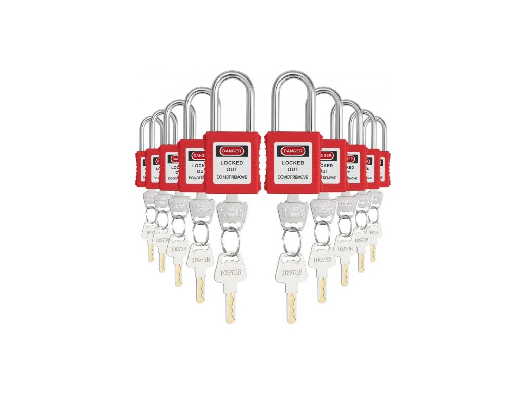 Sada zámků VEVOR Lockout Tagout, 10 KS červených bezpečnostních zámků, se 2 klíči na zámek, uzamčení vyhovující OSHA, bezpečnostní visací zámky pro elektrické zamykání pro sady štítků