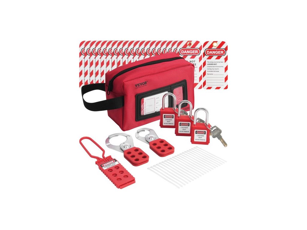 VEVOR Electrical Lockout Tagout Kit, 26 PCS Safety Loto Kit obsahuje visací zámky, haspy, visačky, nylonové úvazy a přenosnou tašku, bezpečnostní nástroje pro uzamykací štítky pro průmysl, elektrickou energii a stroje