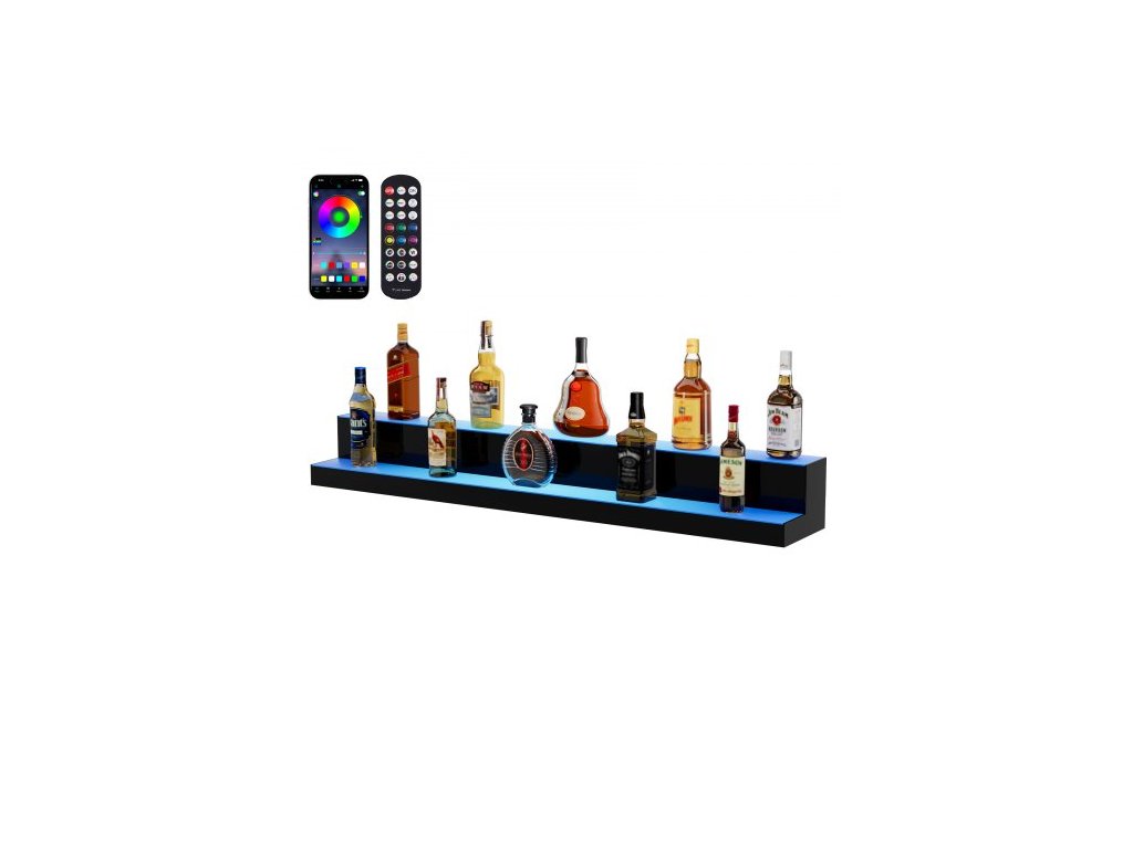 VEVOR LED osvětlená lišta s displejem na láhev s alkoholem Polička RF & App Control 48" 2-kroková