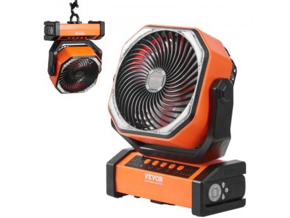 Přenosný ventilátor VEVOR 228,6 mm dobíjecí s LED lucernou 4 rychlosti otočného časovače