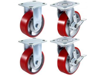 VEVOR 4 Pack 6 x 2 palcová kolečka 2 pevná a 2 otočná kolečka s boční brzdou Polyuretanová železná deska s jádrem 1000 LBS Kapacita na kolo