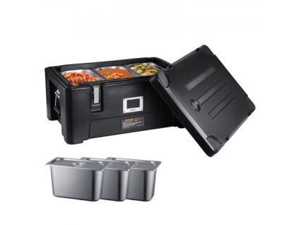 Izolovaný nosič pánví VEVOR, kapacita 36 Qt, stohovatelný cateringový varný box se 3 pánvemi z nerezové oceli, horním plněním LLDPE ohřívač potravin s elastickými bočními držadly a přezkami, pro restaurační jídelnu, černá
