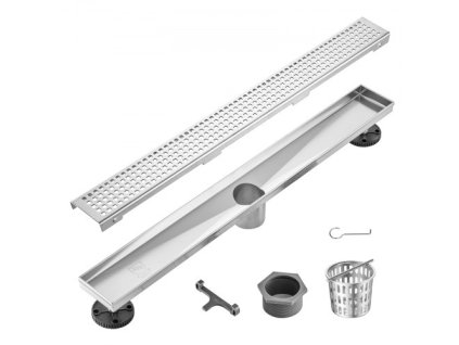 VEVOR 610mm lineární sprchový odtok se čtvercovým vzorem roštu, broušená nerezová ocel 304 obdélníkový sprchový podlahový odtok, lineární odtok s vyrovnávacími nožičkami, sítko na vlasy stříbrný