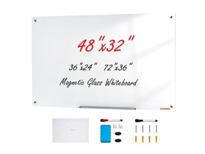 Magnetická skleněná tabule VEVOR, tabule pro suché mazání 1200 x 800 mm, nástěnná velká bílá skleněná tabule bez rámu, se zásobníkem na popisovače, gumou a 2 popisovači, bílá
