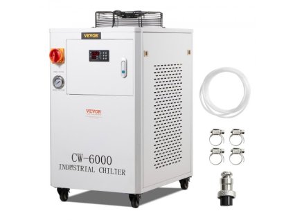 Průmyslový chladič vody VEVOR CW6000, 1500W chladicí systém vodního chladiče s kompresorem, kapacita vodní nádrže 15 l, maximální průtok 65 l/min, pro CO2 laserový gravírovací stroj