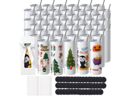 VEVOR 50 balení rovné sublimační pohárky, 20 oz prázdné pohárky, nerezové pohárky s dvojitou stěnou se slámou, víkem, štětcem, základnou, smršťovací fólií, dárkovou krabičkou, pro lisování tepla a přenos tepla