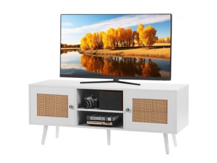 Ratanový TV stojan VEVOR, Boho TV skříňka pro 55palcovou TV, Moderní TV stojan z poloviny století, Ratanová TV konzole s nastavitelnými policemi do obývacího pokoje, Media Room, Bílá