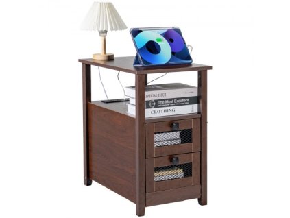 VEVOR Farmhouse End Table Úzký noční stolek s USB porty a výstupy Hnědý