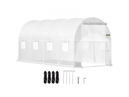 VEVOR Walk-in tunelový skleník, 15 x 6,5 x 7 stop přenosný vyhřívaný dům s galvanizovanými ocelovými obručemi, 1 horní nosník, 2 x diagonální tyče, 2 dveře na zip a 8 rolovacích oken, bílá