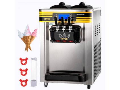 Komerční výrobník zmrzliny VEVOR, výtěžnost 22-30 l/h, 2350 W stolní měkký servírovací stroj s 2 x 6 l násypkou 2 l válec s LCD panelem Alarm nedostatku bafnutí, výrobník mraženého jogurtu pro restaurační snack bar, stříbrný