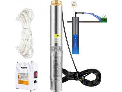 VEVOR ponorné čerpadlo do hlubokých studní, 370 W 230 V/50 Hz, 110 l/min. 44 m hlava, s 20 m kabelem a externím ovládacím boxem, 10,2 cm vodní čerpadla z nerezové oceli pro průmyslové, zavlažovací a domácí použití, IP68 vodotěsné