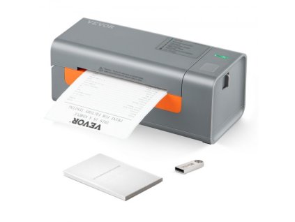 Tepelná tiskárna štítků VEVOR, 203DPI 60ks/min pro 4x6 poštovních balíčků, USB připojení a automatické rozpoznávání štítků, podpora Windows/MacOS/Linux, kompatibilní s Amazon, eBay, Etsy, UPS atd., šedá