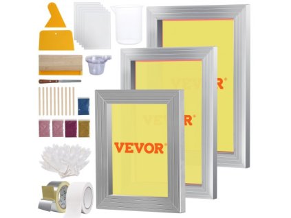 Sada pro sítotisk VEVOR, 3 kusy hliníkových rámů pro sítotisk 6x10/8x12/10x14 palců 110 síťovina, 5 třpytek a sítotiskové stěrky a průhledné fólie na trička Potisk vlastními rukama