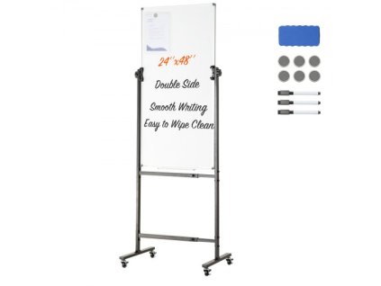 VEVOR rolovací magnetická tabule, oboustranná mobilní tabule 24 x 48 palců, nastavitelná výška tabule pro suché mazání s kolečky, 1 magnetický mazatelný a 3 suchý mazatelný popisovač a pohyblivý zásobník pro kancelářskou školu