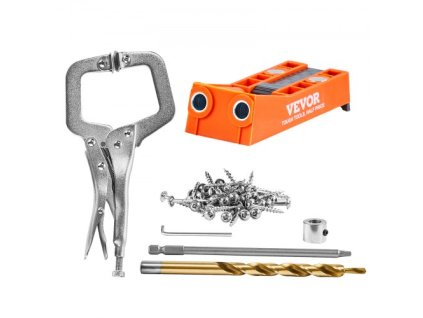 VEVOR Kapesní děrovací přípravek, 56 ks Mini Jig Kapesní systém děr s 9" C-svorkou, stupňovitou vrtačkou, klíčem, dorazovým kroužkem vrtáku, čtyřhranným nástavcem a šrouby, pro svépomocné truhlářské projekty