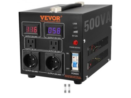 Transformátor měniče napětí VEVOR, 500 VA, Heavy Duty Step Up/Down Transformer, Převod ze 110 V na 220 V a z 220 V na 110 V, s US zásuvkou EU zásuvka 5V USB port, CE Certified