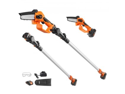 VEVOR 2-v-1 akumulátorová tyčová pila a mini řetězová pila, 20V 2Ah akumulátorová řetězová řetězová pila, 5" řezací kapacita 8 stop tyčová pila s dosahem 8 stop pro řezání větví a ořezávání stromů (baterie a kryt čepele jsou součástí dodávky)