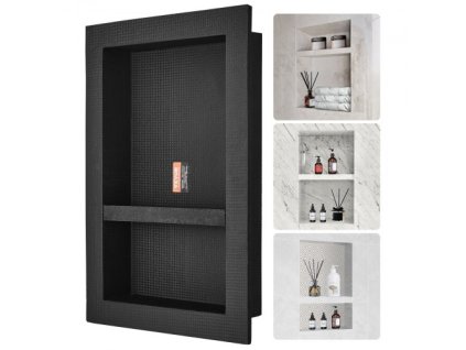 VEVOR Sprchový výklenek připravený pro dlaždice 40,64 x 60,96 cm, dvojitý policový organizér, hranaté rohy Výklenek vložený do stěny zapuštěný, utěsněná ochrana Moderní výklenek pro ukládání mýdla do sprchy, černá