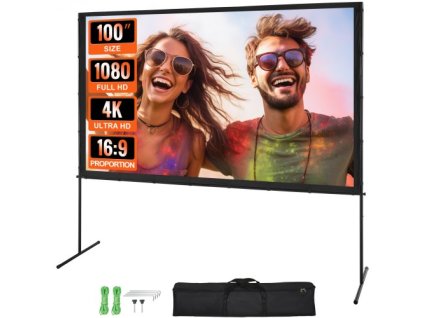 Projekční plátno VEVOR se stojanem, 100palcové 16:9 4K 1080 HD venkovní filmové plátno se stojanem, nekrčící se projekční plátno s tyčovými nožičkami a přenosnou taškou, pro domácí kino Kino Backyard Movie Night