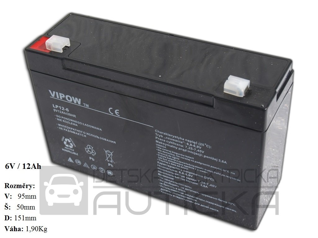Gelová nabíjecí baterie pro elektrická autíčka 6V - 12Ah / 20HR - Detska- elektricka-auticka.cz