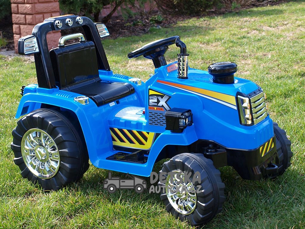 Elektrický traktor 12V, s mohutnými koly a konstrukcí, zvukovými a světelnými LED efekty, 2xnáhon, modrý