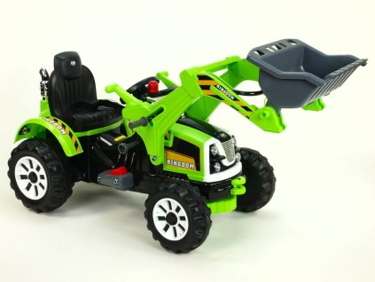 Elektrický silný traktor Kingdom s ovladatelnou nakládací lžící, mohutnými koly a konstrukcí, 2x motor 12V, 2x náhon, zelený