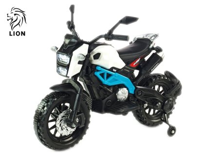 Elektrická motorka terénní Lion s plynovou rukojetí, nožní brzdou, LED světly, 1x velký motor 12V/45, modrá