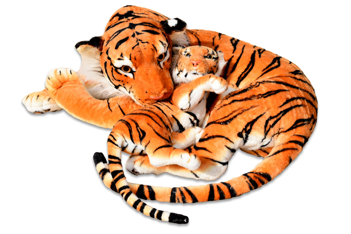 Plyšová tygřice s mládětem, oranžová, délka 140/65 cm