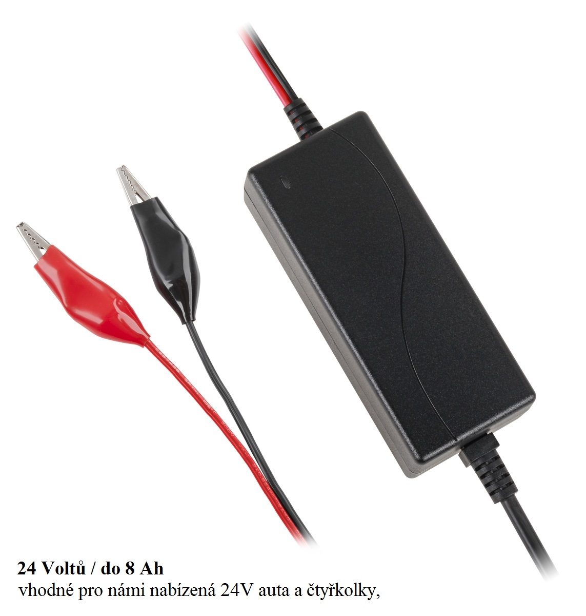 Nabíječka gelových 24V baterií (kapacity 0.8 až 8Ah) s LED ukazatelem nabité baterie, ideální pro 24V dětská vozítka