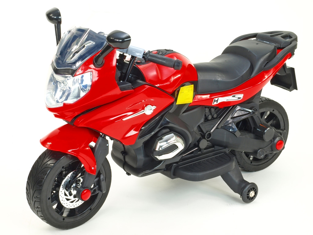 Elektrická motorka silniční 12V, 2x motor, EVA kola, voltmetr, USB, TF, Mp3, LED osvětlení, červená