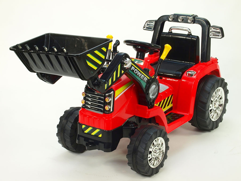 Elektrický traktor 12V s ovladatelnou lžící, mohutnými koly a konstrukcí, zvukovými a světelnými efekty, 2xnáhon, červený