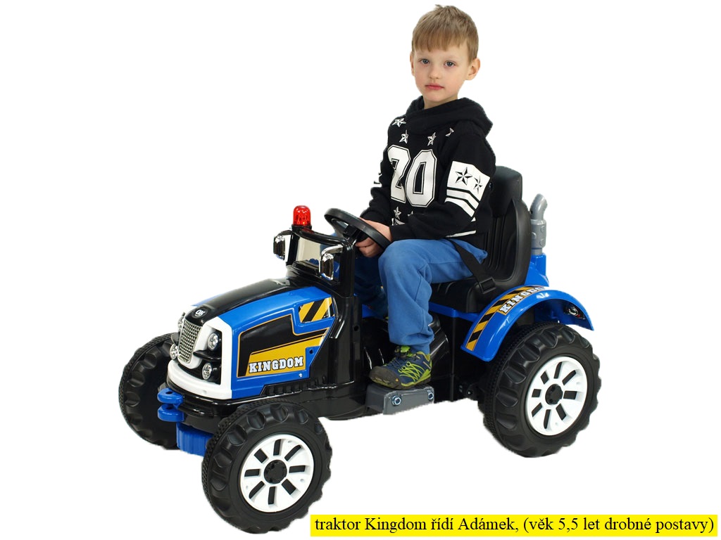 Elektrický traktor Kingdom s mohutnými koly a konstrukcí, modrý